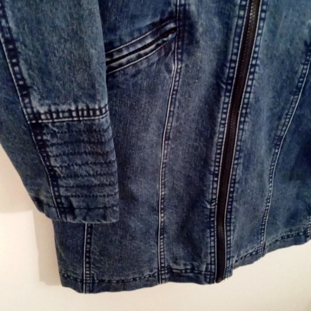 Oxygen Women's Hooded Long Moto Lined Denim Zip Up Jacket Pockets Small - Picture 6 of 14